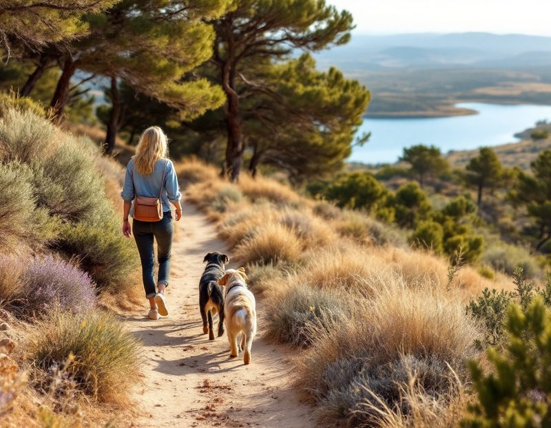 Promenade avec deux chiens sur un sentier de garrigue au-dessus de l'étang